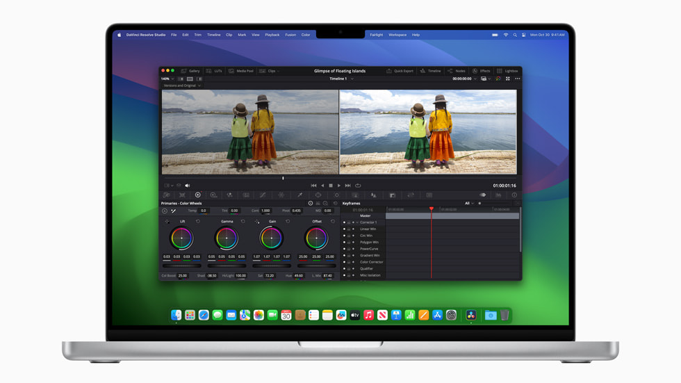 O novo MacBook Pro com chip M3 Max mostra um fluxo de trabalho no Blackmagic DaVinci Resolve Studio.