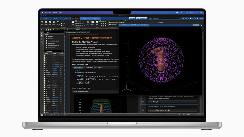 Le nouveau MacBook Pro avec puce M3 Max affichant un flux de travail MATLAB de MathWorks.