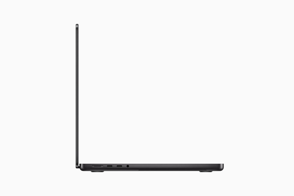 Imagem lateral do novo MacBook Pro que destaca o design fino.