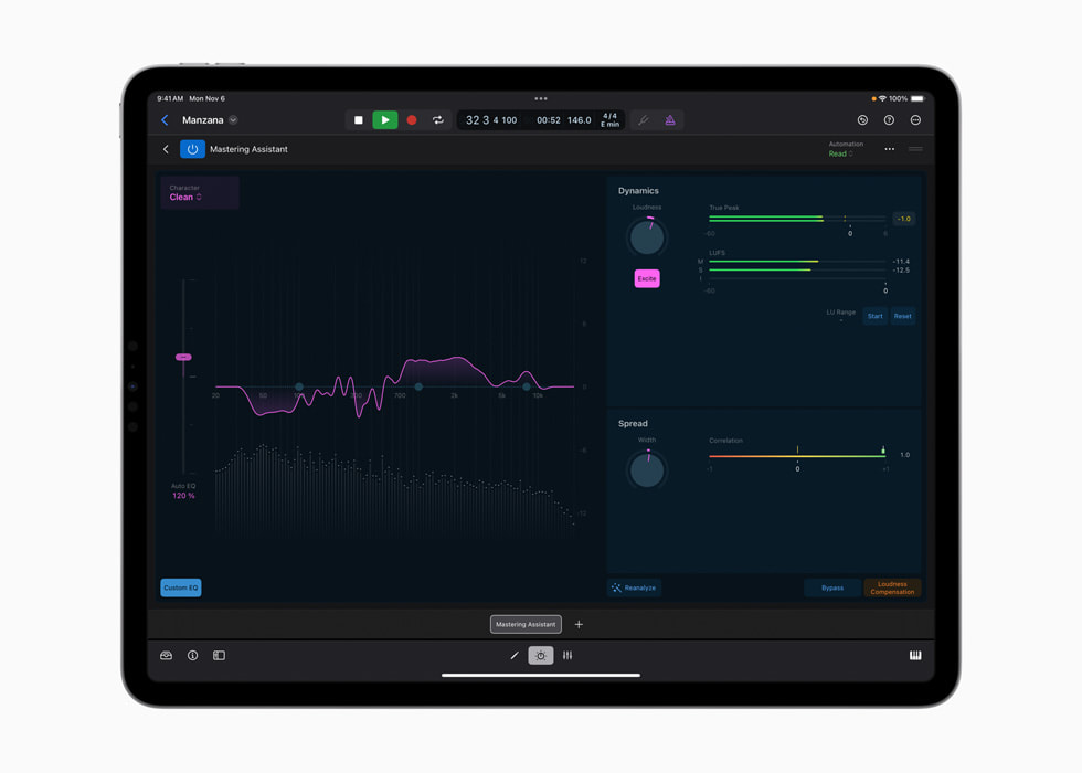 iPad için Logic Pro’da Mastering Assistant gösteriliyor.