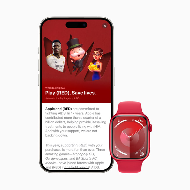 世界愛滋病日 App Store 頁面顯示於 iPhone 15 Pro 上，以及「太陽指針」錶面顯示於 Apple Watch Series 9 (Product)RED 上。
