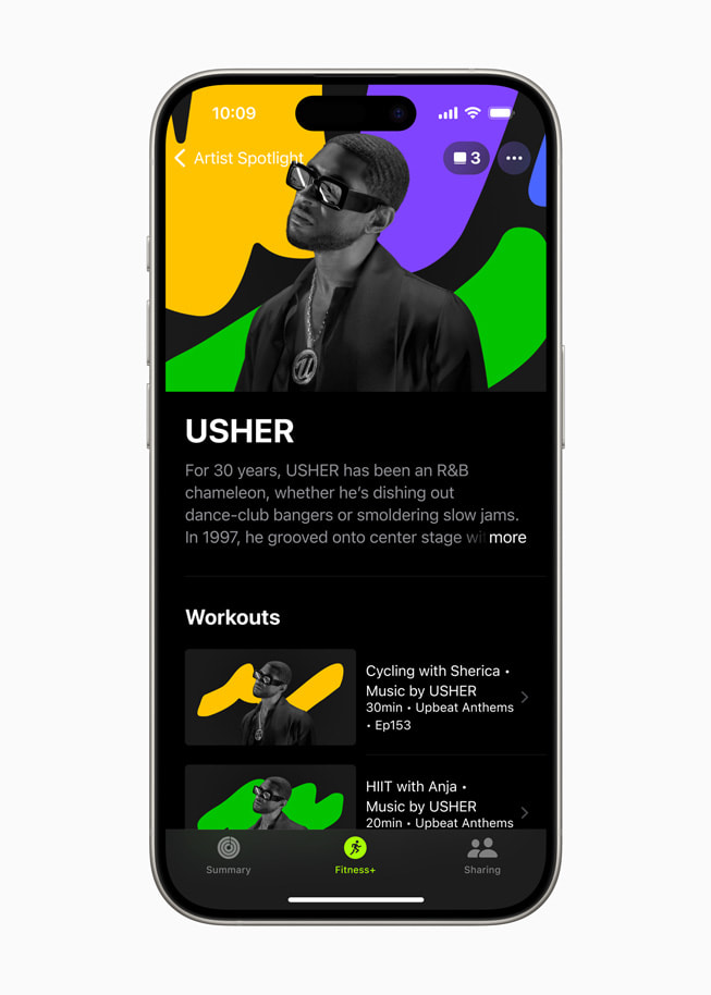 Se muestra el entrenamiento de Artista en Detalle con música de USHER de Apple Fitness+ en un iPhone.
