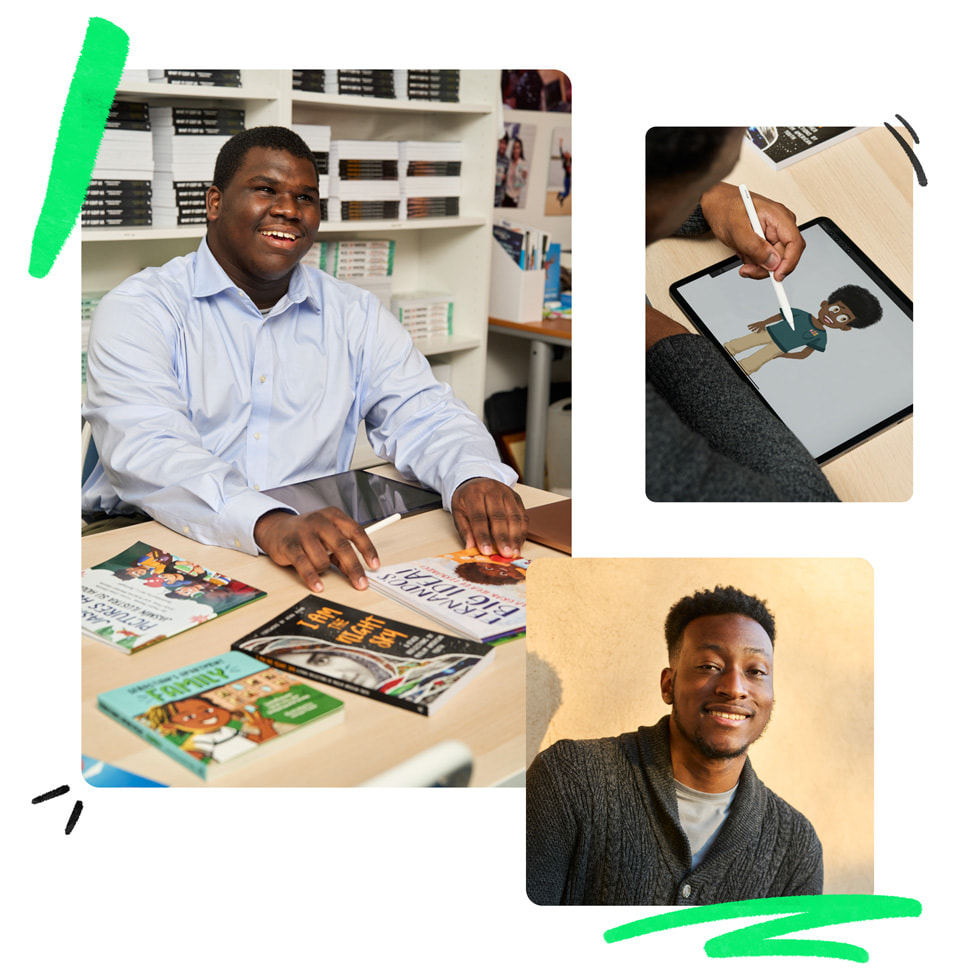 Ett kollage med tre bilder: Till vänster en av författarna på Shout Mouse som sitter vid ett bord med ett antal böcker framför sig, uppe till höger en illustratör som arbetar med iPad och Apple Pencil och nere till höger en porträttbild av en av illustratörerna på Shout Mouse.