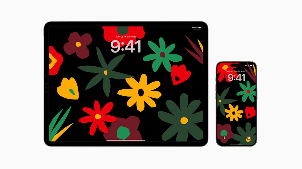 ロック画面に新しいBlack Unityコレクションの壁紙が表示されている、iPad（左）とiPhone（右）。