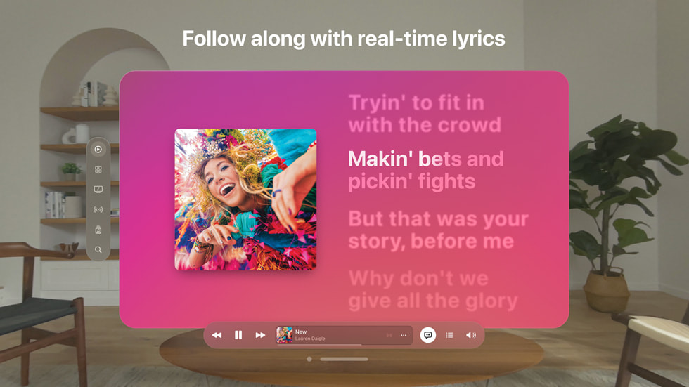 The Apple Music app Lyrics experience displayed on Apple Vision Pro.