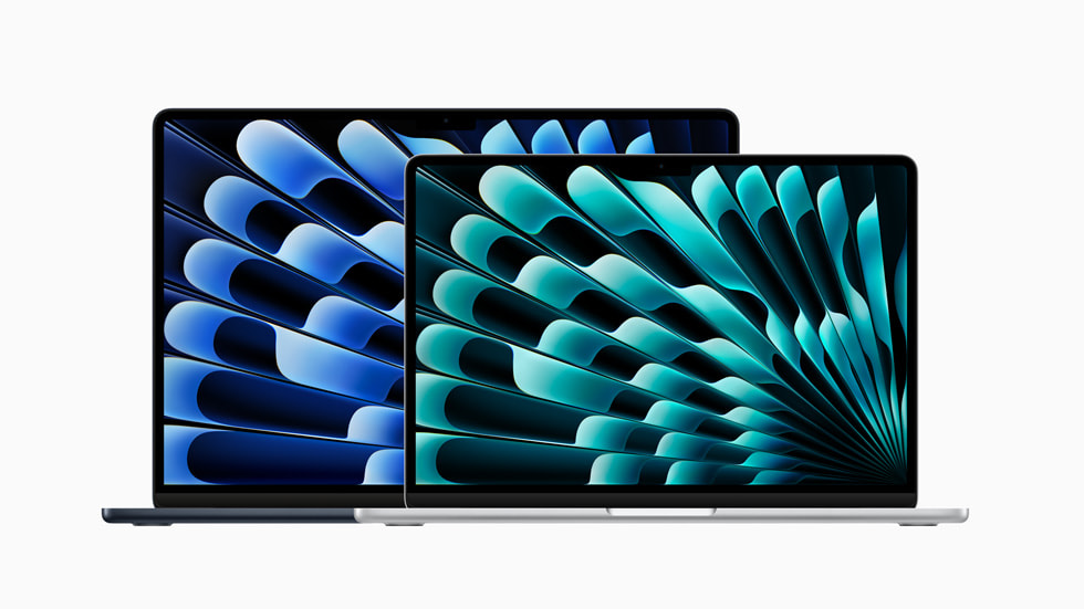 رسومات غرافيك مفعمة بالألوان تظهر علي جهازين من أجهزة MacBook Air الجديدة.