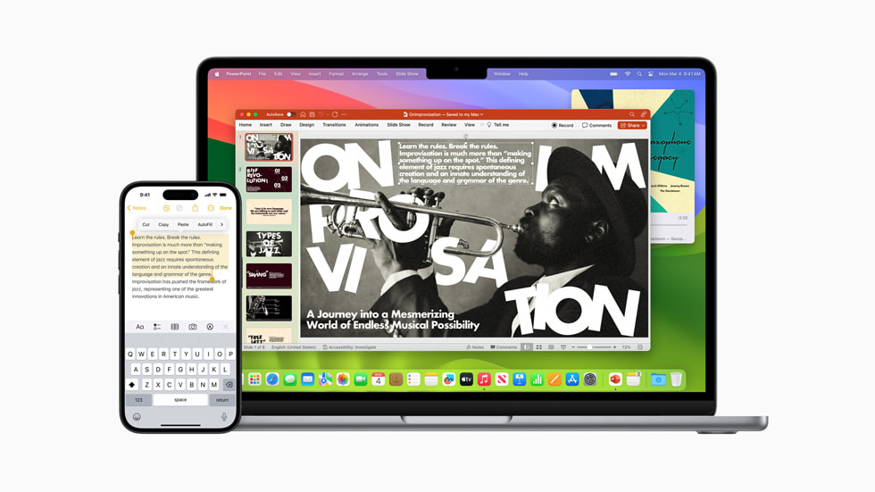「接續互通」功能在 MacBook Air 和 iPhone 15 Pro 上展示，使用者的 PowerPoint 計畫案同時出現在兩個螢幕上。