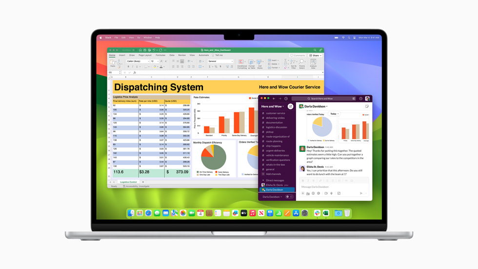 全新 MacBook Air 上展示 Excel 及 Slack。