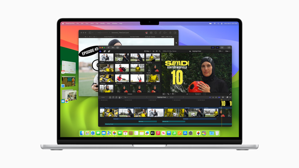 Final Cut Pro، ومنظم الواجهة، وPixelmator معروضة على جهاز MacBook Air الجديد.