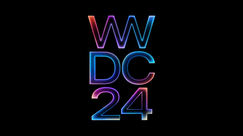 WWDC24 vises med en metallisk skrift i flere farver på en sort baggrund.