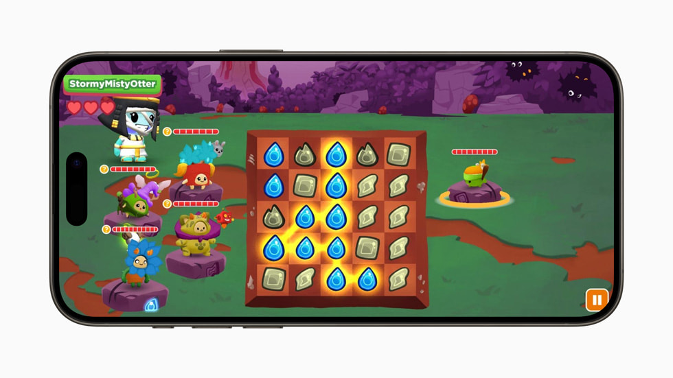 在 iPhone 15 Pro 展示《Boddle》具有不同角色和網格的遊戲。