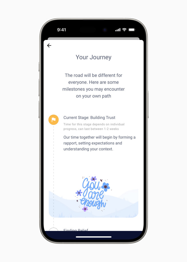 iPhone 15 Pro’da Wysa uygulamasından "Yolculuğunuz" başlıklı bir ekran gösteriliyor.