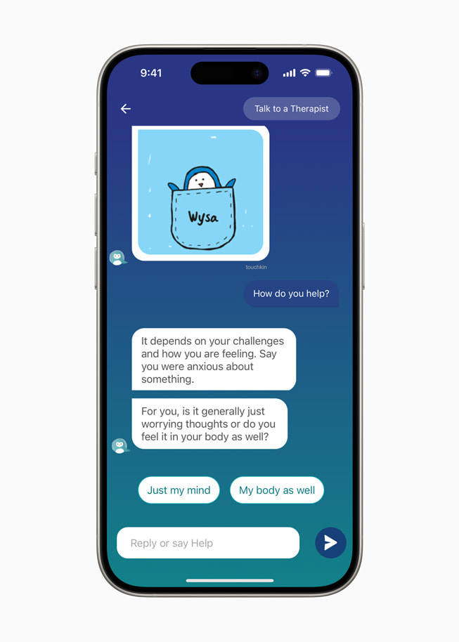 Bir Wysa kullanıcısının terapistle yaptığı sohbet iPhone 15 Pro’da gösteriliyor.