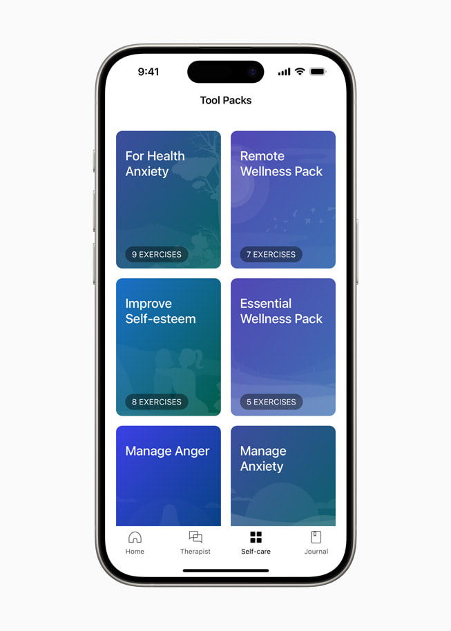 在 iPhone 15 Pro 顯示《Wysa》的工具選單，包括「健康焦慮」和「控制憤怒」。