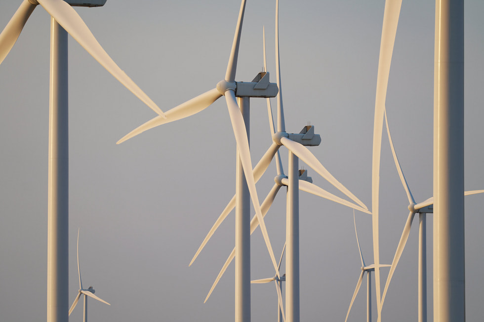 Một trang trại năng lượng gió ở Oregon với nhiều tuabin màu trắng trên nền trời xanh.