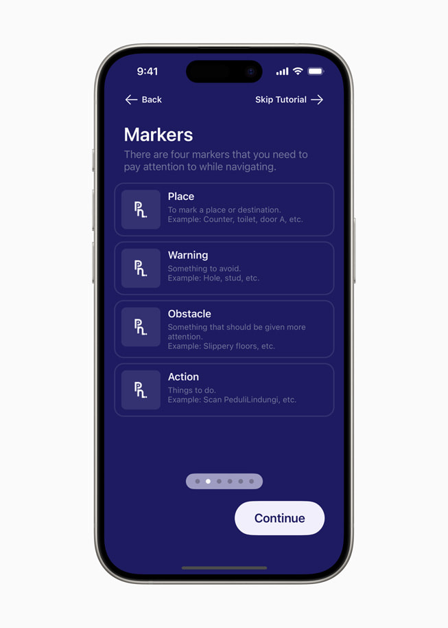 Layar dengan judul “Marker” dari aplikasi PetaNetra menampilkan empat penanda yang perlu diperhatikan oleh pengguna saat menavigasi: place, warning, obstacle, action. 