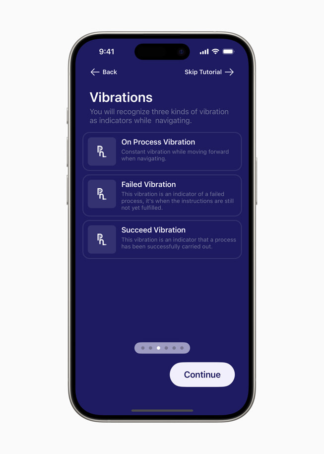 Et skjermbilde med navnet «Vibrations» fra PetaNetra-appen forklarer tre ulike typer vibrasjoner som fungerer som markører under navigering: underveis, når brukeren gjør en feil, og når brukeren gjør noe riktig. 