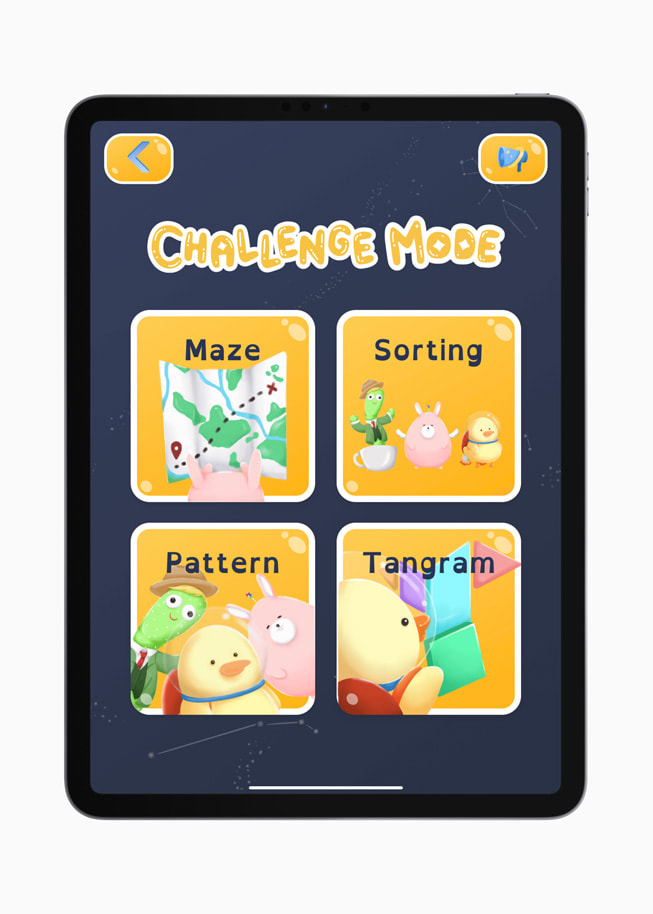 Écran du jeu pour iPad WonderJack dont le titre est « Challenge Mode » où on voit quatre boutons : « Maze » (labyrinthes), « Sorting » (activités de tri), « Pattern » (régularités) et « Tangram » (casse-têtes)
