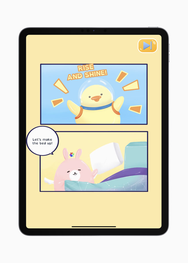 Écran du jeu pour iPad WonderJack montrant deux images : dans la première, un poulet dit « Rise and shine » (allez hop!), et dans la deuxième, un ours dit « Let’s make the bed up! » (faisons le lit).