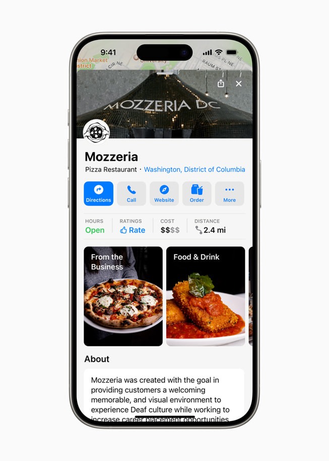 Auf einem iPhone 15 werden Details zu Mozzeria in der Karten App gezeigt, darunter Öffnungszeiten, Bewertungen, Kosten und Entfernung.