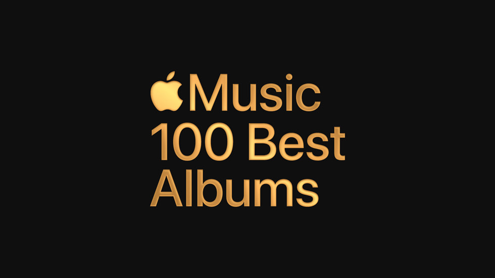 Sebuah ilustrasi menunjukkan logo Apple Music dan tulisan “100 Album Terbaik.”