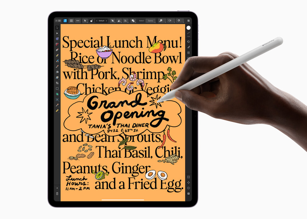 Uma pessoa usa o Apple Pencil Pro para criar uma ilustração com o Affinity Designer 2 no novo iPad Air.