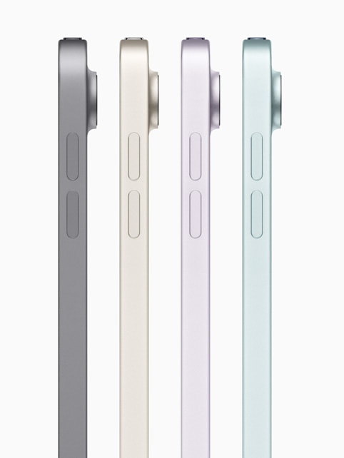 Nya iPad Air i de fyra tillgängliga färgerna sedd från sidan.