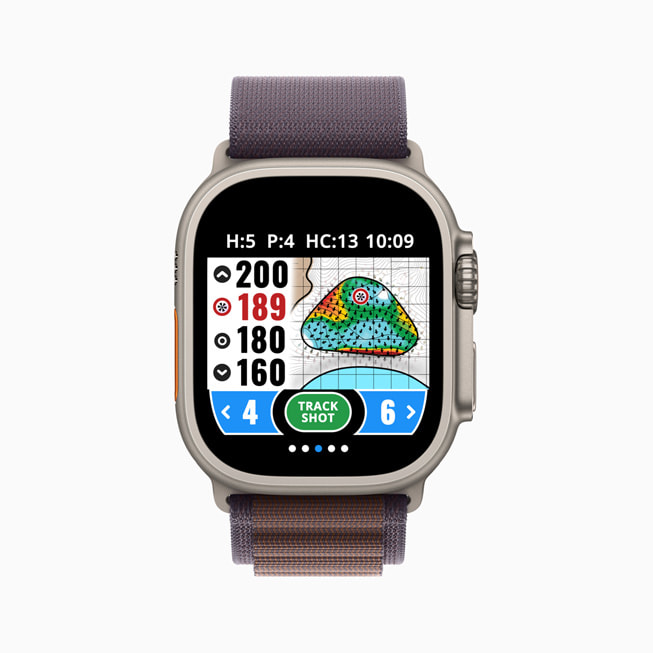 تطبيق GolfLogix يظهر على ساعة Apple Watch.