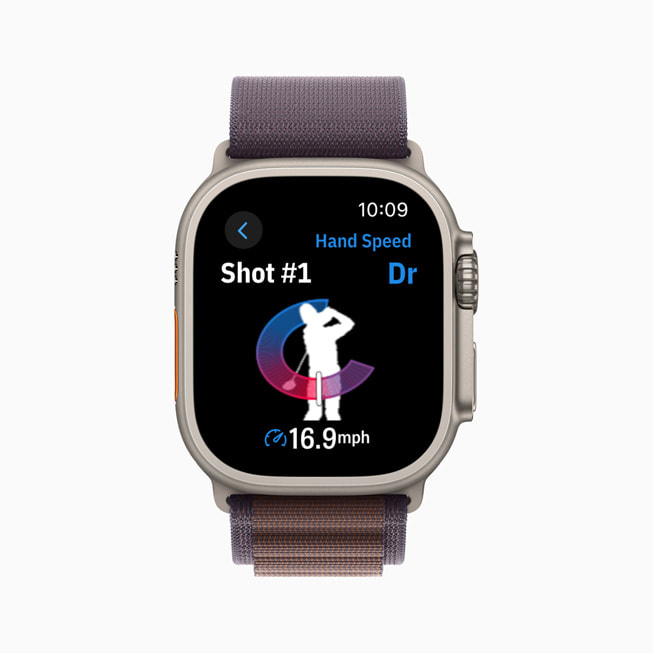 Handhastighet visas i appen Golfshot på Apple Watch.