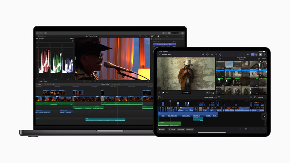 Aplikacja Final Cut Pro 2 na iPada pokazana na 13‑calowym iPadzie Pro w kolorze gwiezdnej czerni i aplikacja Final Cut Pro 10.8 na Maca pokazana na 16‑calowym MacBooku Pro w kolorze gwiezdnej czerni.