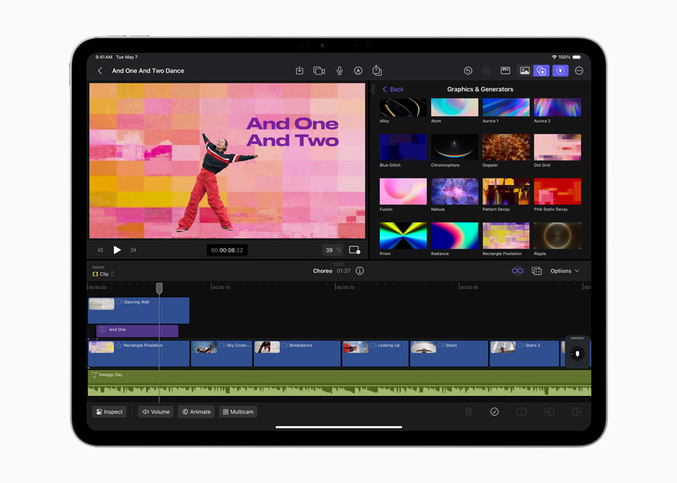 الخلفيات الديناميكية في Final Cut Pro for iPad 2 معروضة على جهاز iPad Pro مقاس 13 إنش باللون الأسود الفلكي.