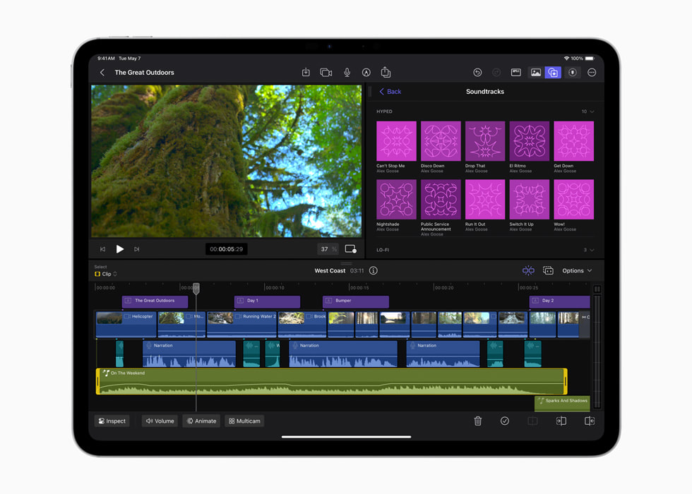 iPad용 Final Cut Pro 2의 사운드트랙을 보여주는 스페이스 블랙 색상의 iPad Pro 13.