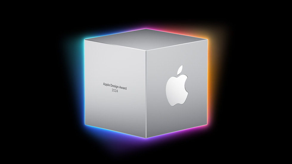 El trofeo de los Apple Design Awards para los ganadores de 2024. 