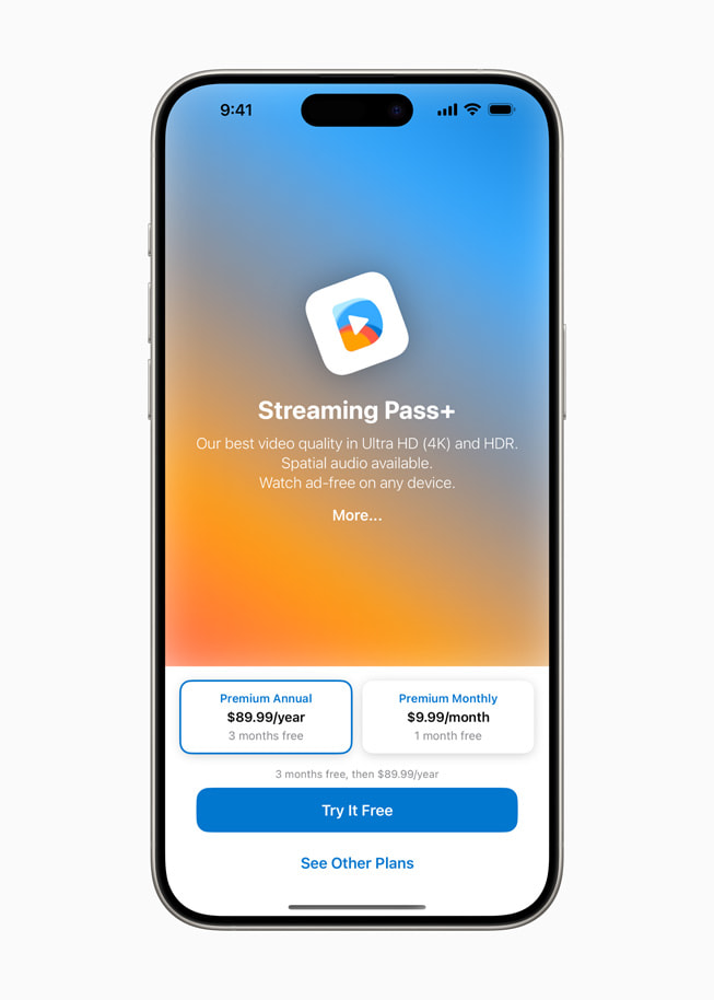 Streaming Pass+ ditampilkan di iPhone 15 Pro.