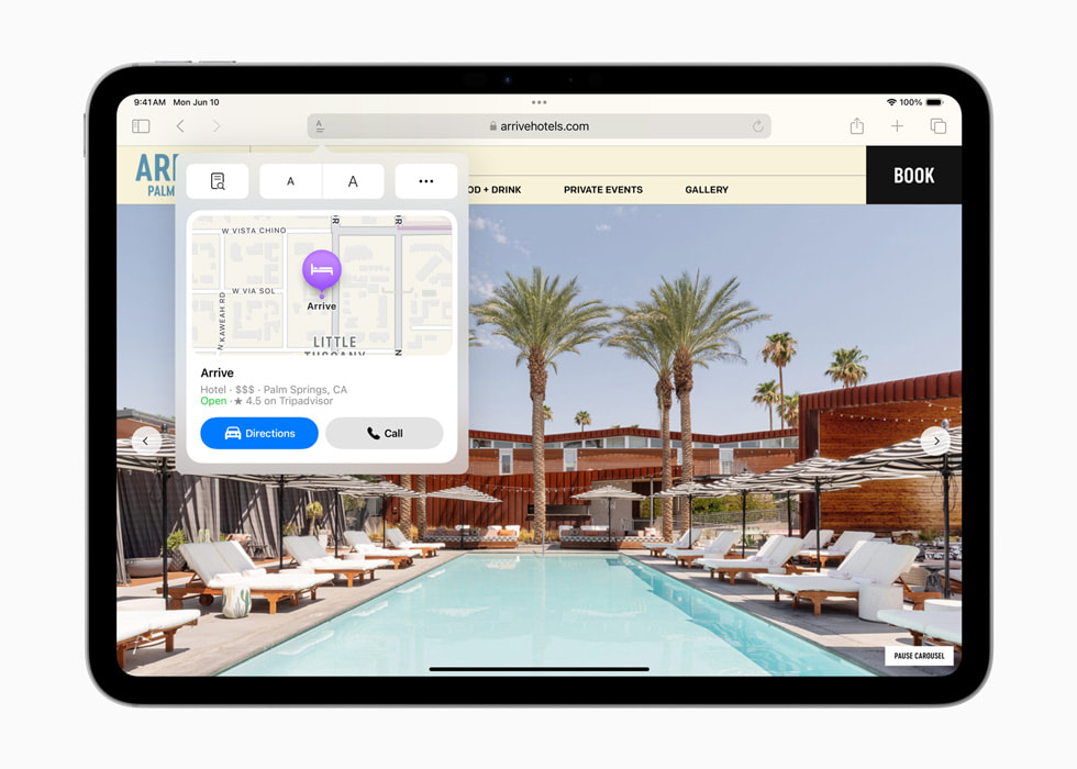 iPad Pro 顯示一個飯店網站，畫面中附加一個框格並以地圖顯示飯店的位置。 
