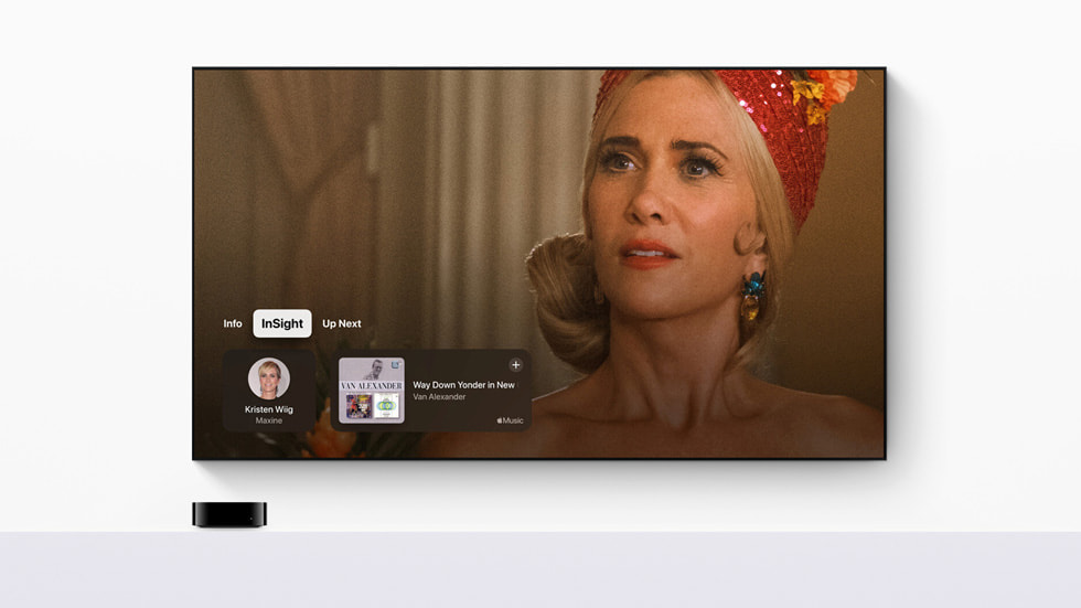 A still from Apple TV+ show “Palm Royale,” shown on Apple TV with the InSight feature turned on.
