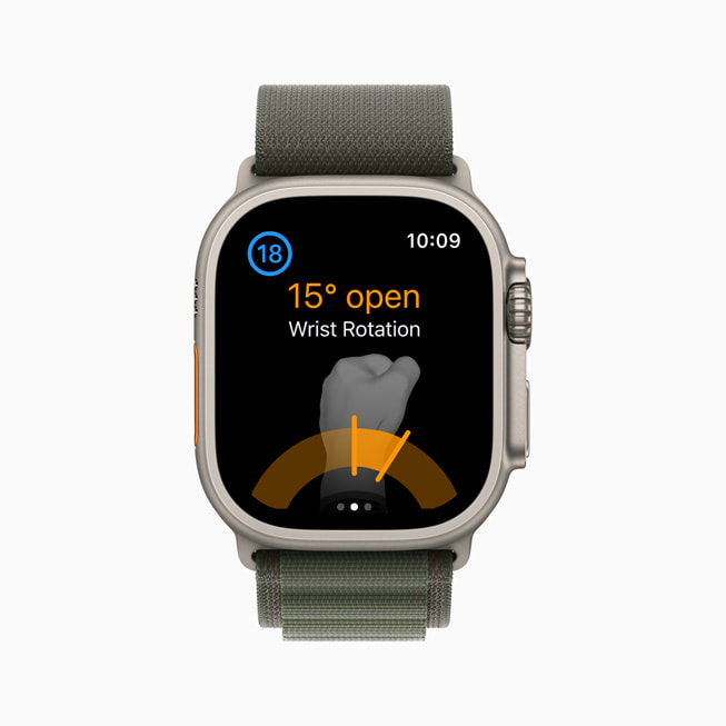 Golfshot 앱에서 손목 회전을 보여주는 Apple Watch Ultra.