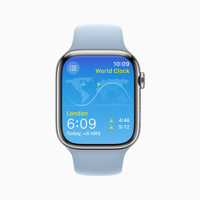 Apple Watch Series 8 z pokazaną aplikacją Zegary świata.