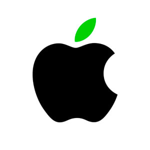 Imagen del logo de Apple con una hoja verde que representa el medio ambiente.