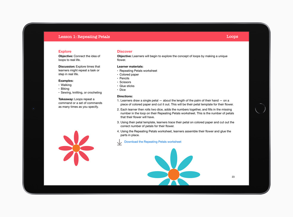 Op een iPad is ‘Les 1: Herhalende bloemblaadjes’ in ‘Iedereen kan programmeren: voorschoolse en vroegschoolse educatie’ te zien.