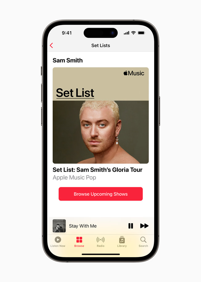 Sam Smith Set List on Apple Music displayed on iPhone 14 Pro ekranında Apple Music’te Sam Smith Şarkı Listesi gösteriliyor. 
