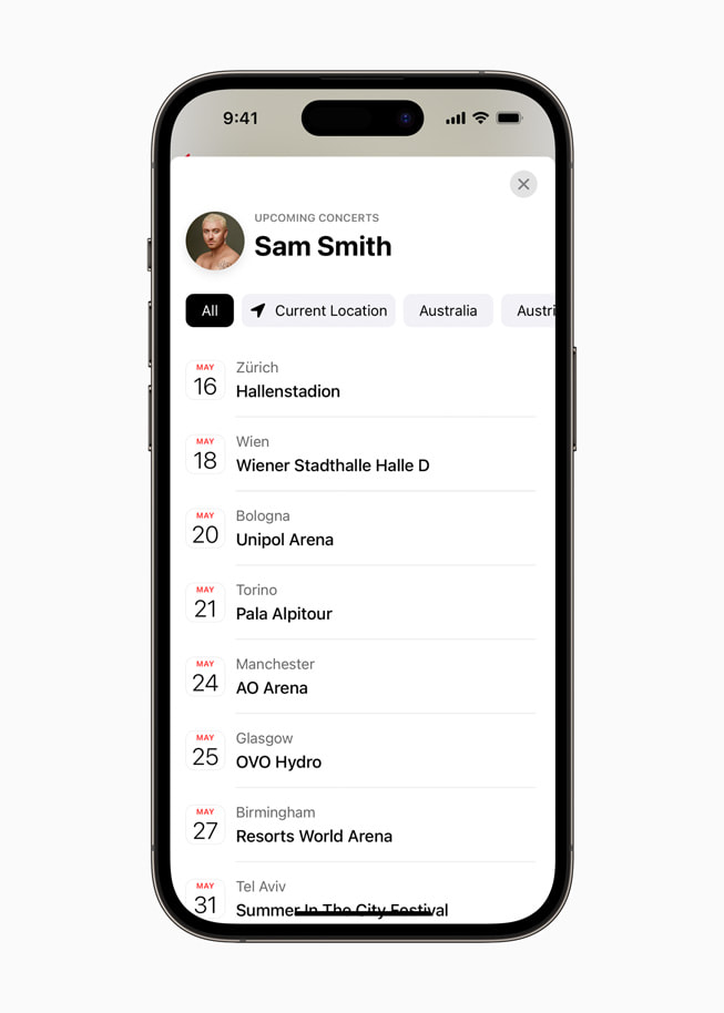 iPhone 14 Pro ekranında Apple Music’te Şarkı Listeleri bölümündeki konser keşfetme özelliği gösteriliyor.