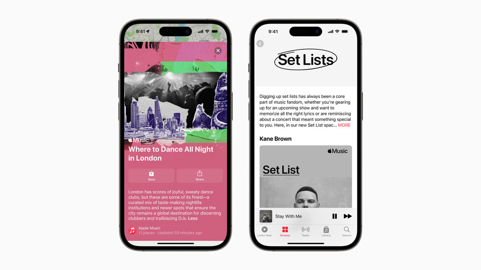 Samlinger og settlister i Apple Music vist på to iPhone 14 Pro-enheter.