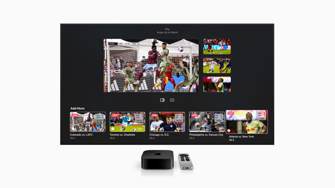 Apple TV 4K shows the multiview feature with four Major League Soccer matches playing, one more prominently on the left side.