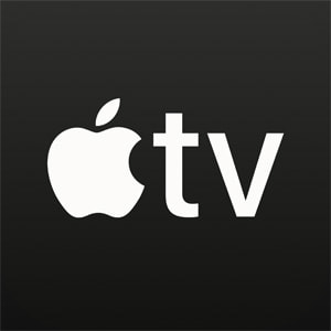 A black-and-white graphic shows the Apple TV logo.