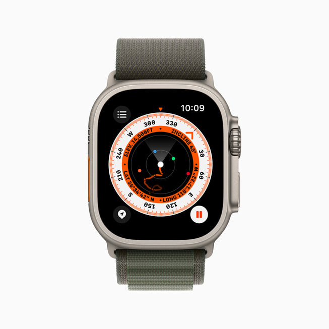 The redesigned Compass app on Apple Watch Ultra shows the new Waypoints feature.