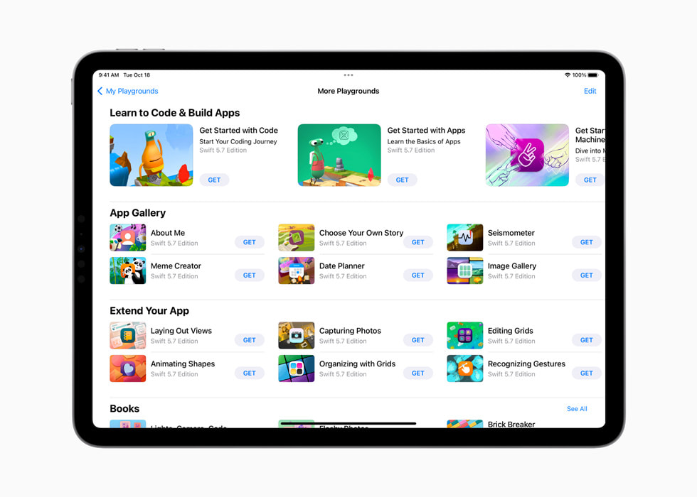 An iPad shows a variety of playgrounds in Swift Playgrounds.