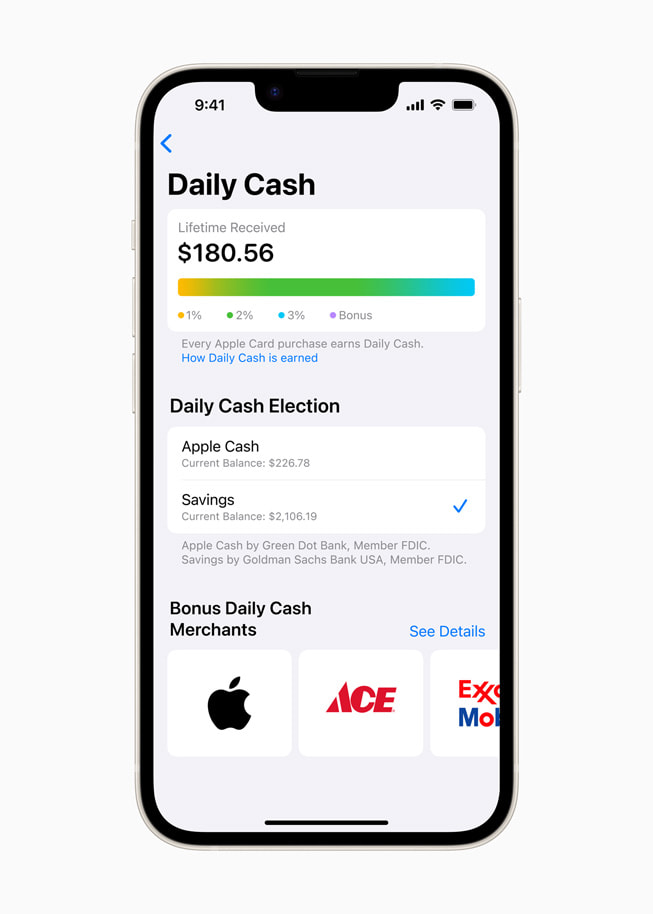 iPhone’da bir kullanıcının Apple Card hesabındaki yeni Daily Cash merkezi gösteriliyor.
