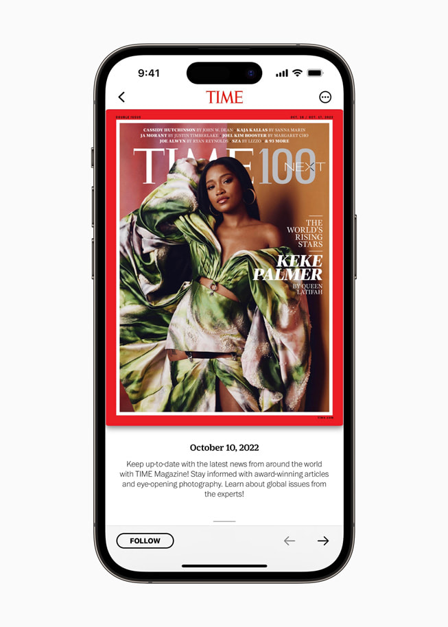 iPhone 14 Pro’da Apple News+’taki TIME gösteriliyor.