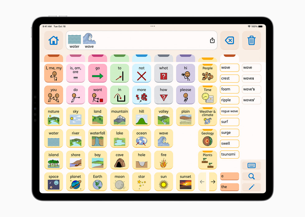 Grensesnittet til Proloquo-appen vises på iPad.